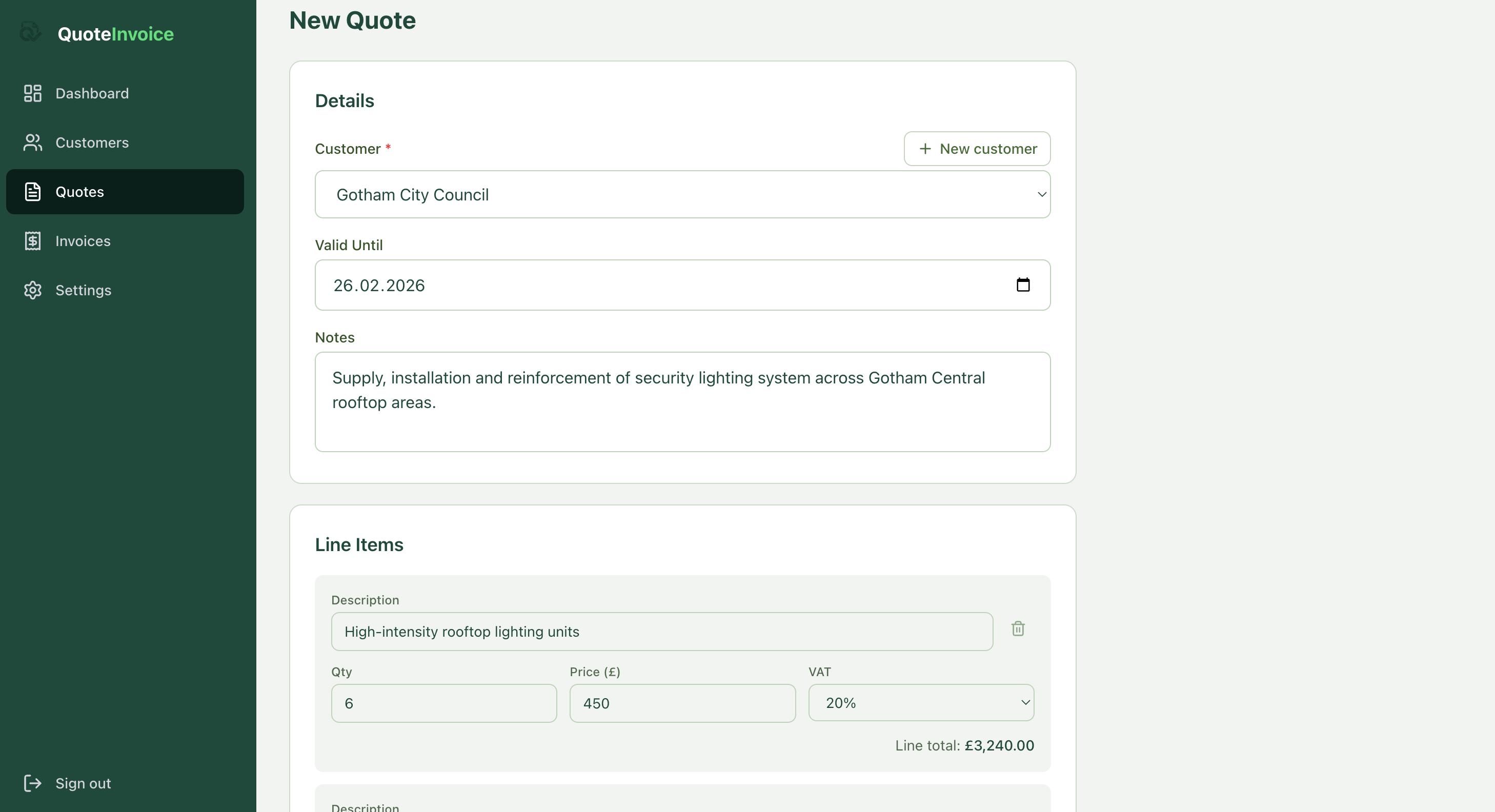Create new customer in QuoteInvoice with name, email, phone, address and optional VAT number.