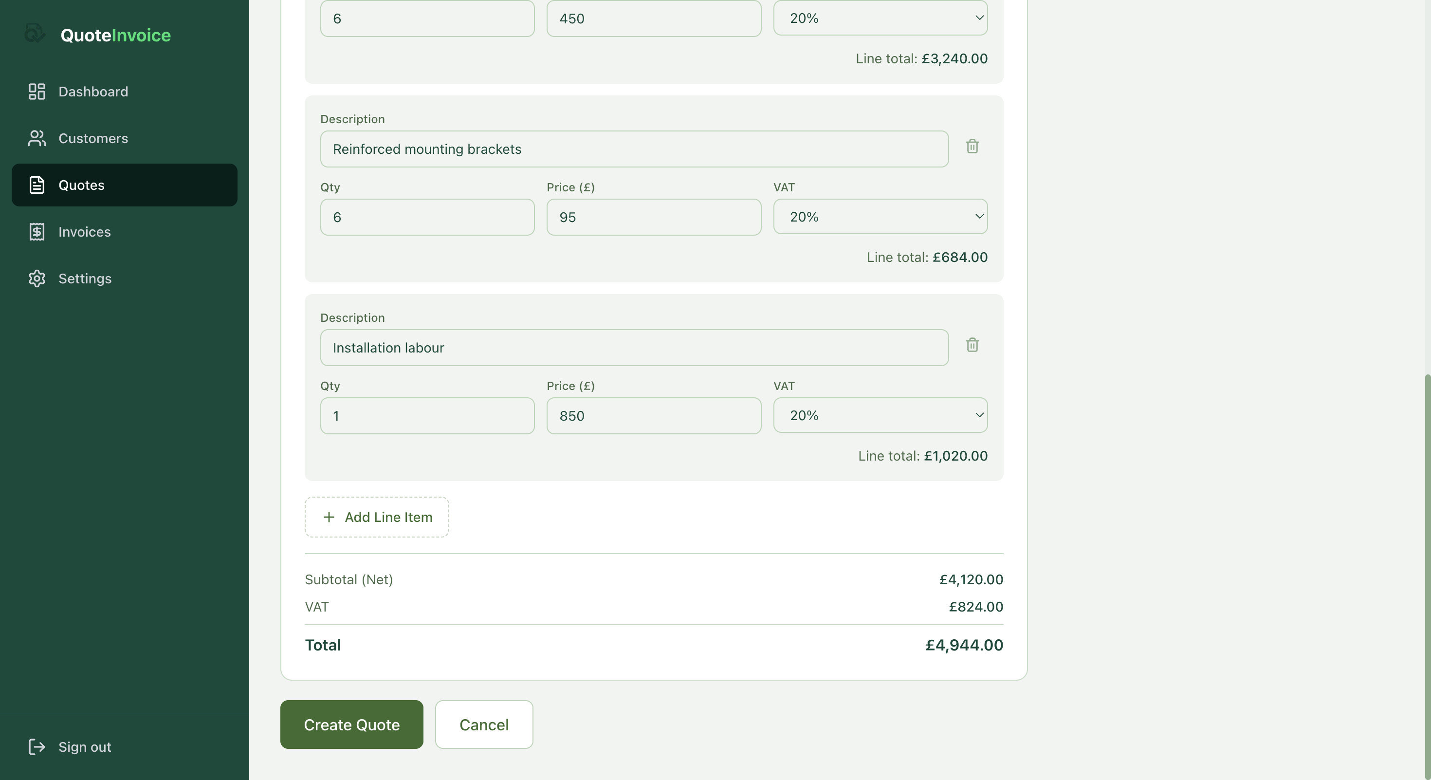 Creating a new quote in QuoteInvoice with customer selection, validity date and notes section.
