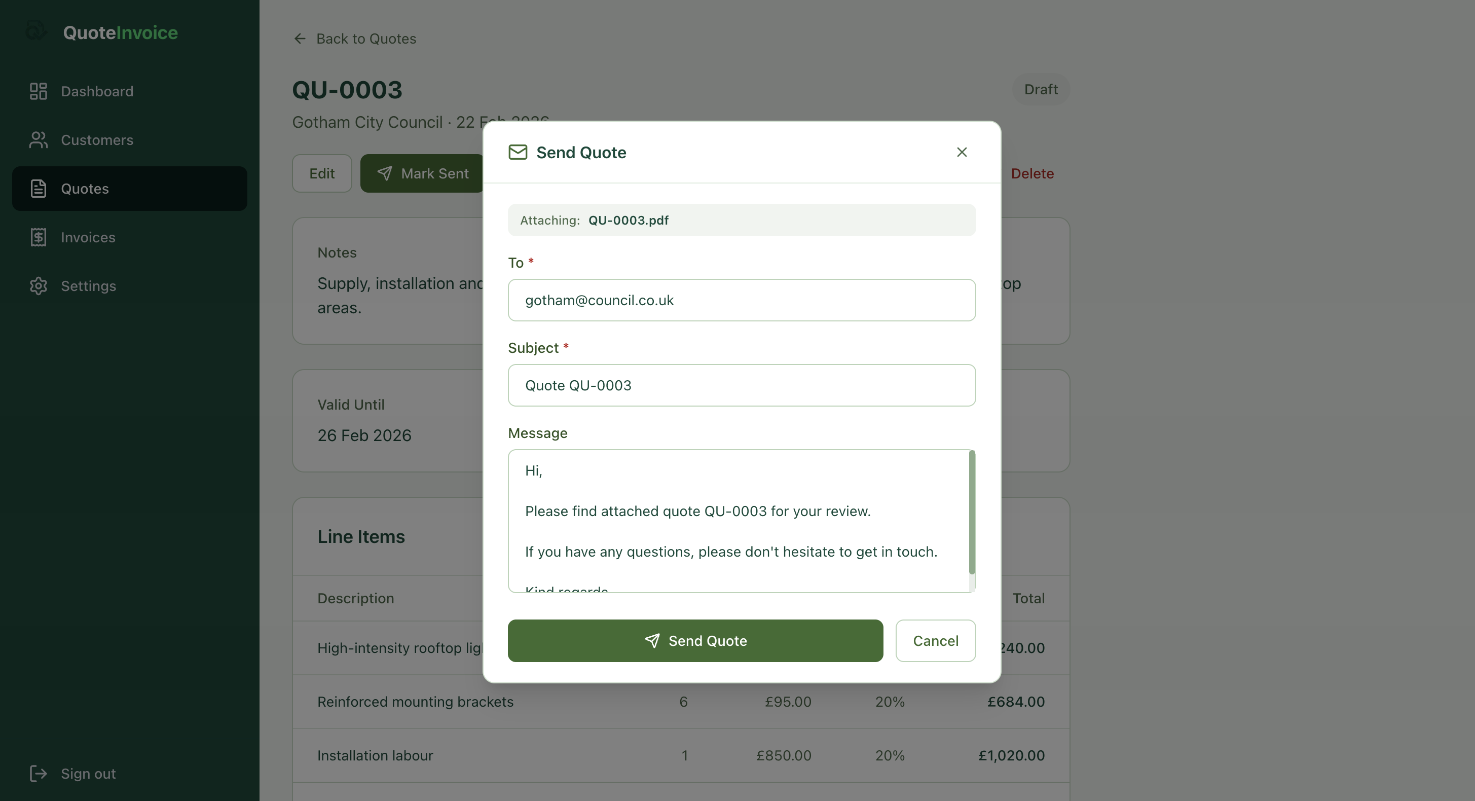 Sending a professional quote email with PDF attachment directly from QuoteInvoice.