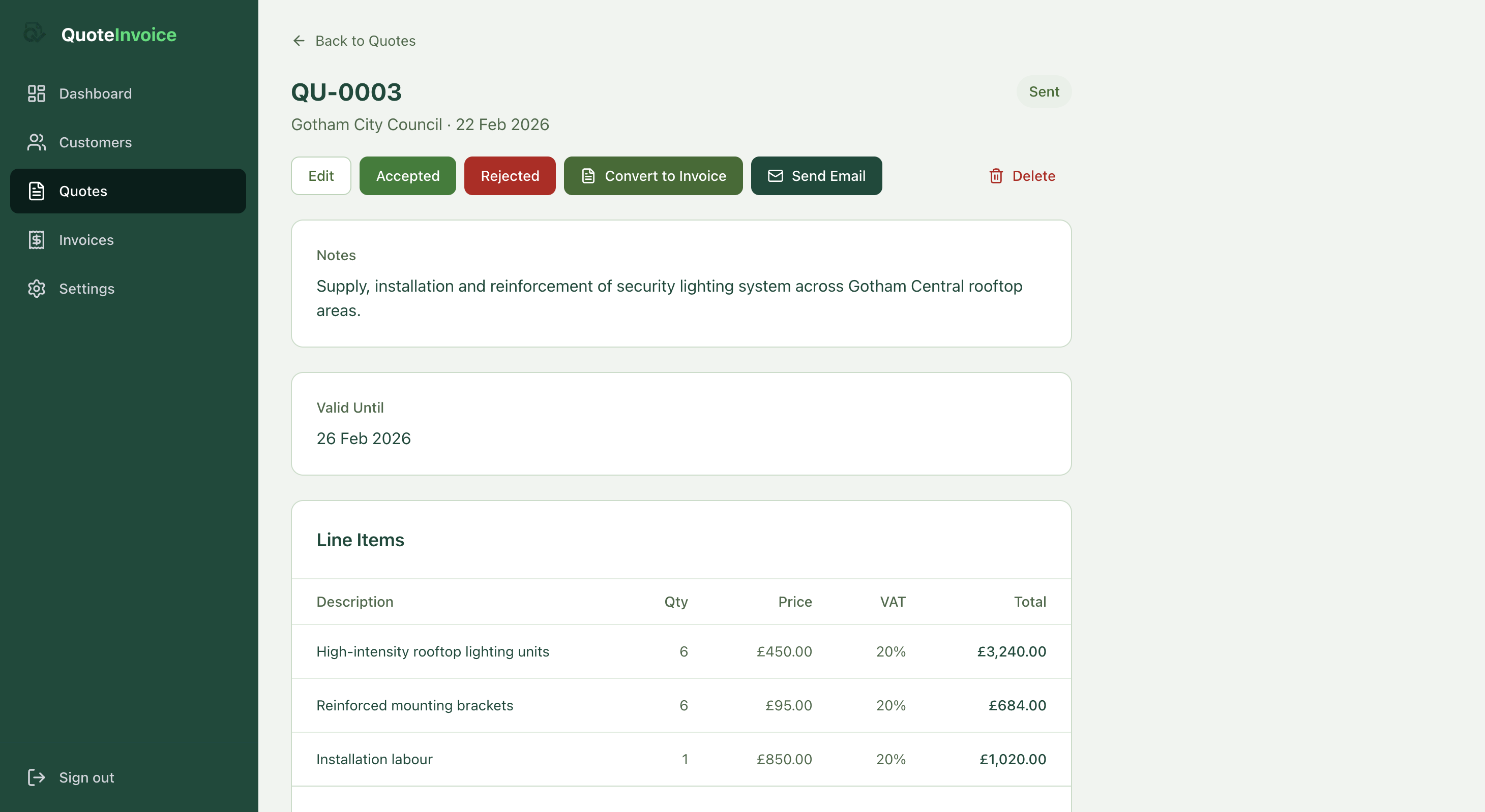 Accepted quote screen in QuoteInvoice showing Convert to Invoice button.